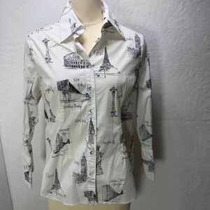Mishca Blouse Womens Large White Black City Print Architectural Travel Shirt